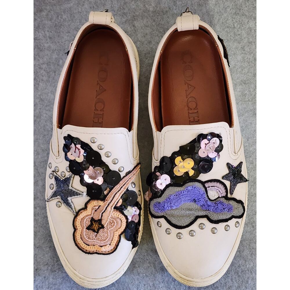 Coach Womens Sneakers Sz 7.5 Chalk Sequins Star Patches Slip On Shoes G1925